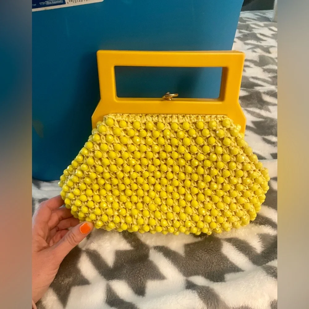 Vintage 60’s BAKELITE MOD YELLOW  Beaded Italian HANDBAG - Picture 3 of 9